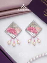 Chaturashra- The Charming Square- Beads and Pearls Embroidered Earrings (Blush & Fuchsia Pink)