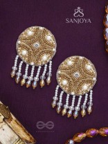 Parinataruna - The Setting Sun - Beads, Pearls, Dabka And Glass Drops Hand Embroidered Earrings (Copper Brown)