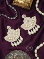 SURAMYA- THE PICTURESQUE CRESCENT- WHITE BEADS AND STONE EMBROIDERED EARRINGS