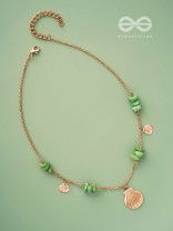 Shells N Pebbles- Golden And Olive Green Stone Necklace With Anti-Tarnish Coating 