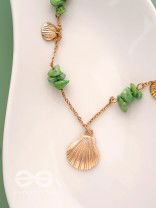 Shells N Pebbles- Golden And Olive Green Stone Necklace With Anti-Tarnish Coating 