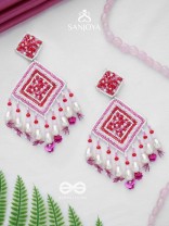 Odrakhya - The China Rose - Pearls, Beads And Sequins Hand Embroidered Earrings