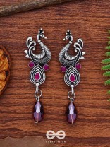 The Prancing Peacock- Embellished Oxidized Earrings (Magenta and Lavender) 