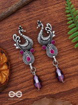 The Prancing Peacock- Embellished Oxidized Earrings (Magenta and Lavender) 