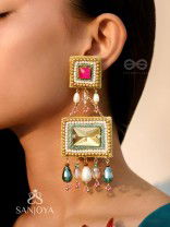 Pushkarini- The Geometric Wonder- Stones and Pearl Drops Embroidered Earrings