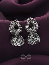 The Twirling Peacock- Oxidised Jhumka Earrings