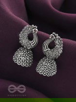The Twirling Peacock- Oxidised Jhumka Earrings