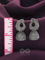 The Twirling Peacock- Oxidised Jhumka Earrings