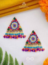 Tryashra - The Vibrant Triangle - Stones, Sequins And Resham Hand Embroidered Earrings