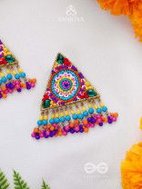 Tryashra - The Vibrant Triangle - Stones, Sequins And Resham Hand Embroidered Earrings