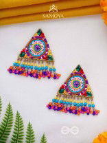 Tryashra - The Vibrant Triangle - Stones, Sequins And Resham Hand Embroidered Earrings