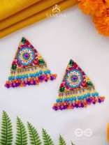Tryashra - The Vibrant Triangle - Stones, Sequins And Resham Hand Embroidered Earrings