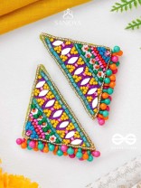 Shikharin - The Gorgeous Pyramid - Mirrors, Beads And Resham Hand Embroidered Stud Earrings