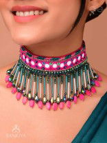 Srava- The Rose Cascade- Glass Beads & Mirror Lace Embroidered Choker Necklace