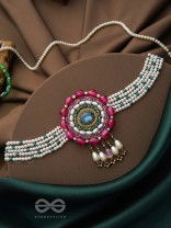 Praatika- The China Rose - Stone,  Beads And Pearl Drops Hand Embroidered Choker Neckpiece
