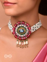 Praatika- The China Rose - Stone,  Beads And Pearl Drops Hand Embroidered Choker Neckpiece