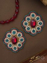 Stibhi - Treasures Of Ruby - Dabka, Stone And Beads Hand Embroidered Earrings