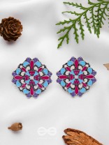 The Floral Fantasy - Oxidised Statement Stud Earrings (Crimson, Violet & Sky Blue)