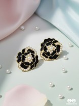 DEW DROPPED PEONIES - GOLDEN ENAMELLED STUDS (BLACK)