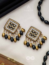 Kamagni - Fire Of Passion - Beads, Resham And Glass Drops Hand Embroidered Earrings (Black & Golden)
