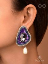 VIRUPATA - THE FREE SPIRITED - STONE, CUT DANA, SEQUINS AND PEARL DROP EMBROIDERED EARRINGS (PURPLE)