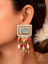 ANAGHA - THE SUNSET SPLENDOR - STONES, BEADS AND GLASS DROP EMBROIDERED EARRINGS