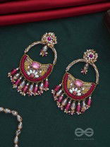 VILAKSANA - UNIQUE SPARKLING MOMENTS - STONE, BEADS, GLASS DROPS AND PEARLS EMBROIDERED EARRINGS (MAGENTA & GOLDEN)