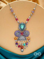 CHITRAVARNA - THE COLORFUL CHARMS - STONE AND GLASS DROPS EMBROIDERED AND OXIDISED NECKPIECE (MULTICOLOR)