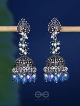 The Tinsel Swirls - Beaded Oxidised Jhumka Earrings (Blue)