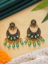 Sajivika - The Lively Dreamdrops - Beads And Glass Drops Hand Embroidered Earrings (Green & Golden)