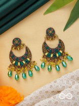 Sajivika - The Lively Dreamdrops - Beads And Glass Drops Hand Embroidered Earrings (Green & Golden)