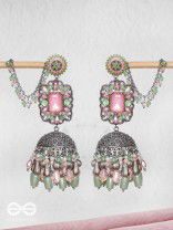 Abhivars - A Shower Of Blossom - Stone And Beads Oxidised And Hand Embroidered Jhumka Earrings