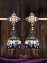Vasatya - Gradient Of Dusk - Stone And Beads Hand Embroidered And Oxidised Jhumka Earrings