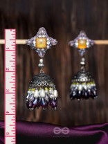 Vasatya - Gradient Of Dusk - Stone And Beads Hand Embroidered And Oxidised Jhumka Earrings
