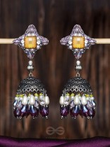 Vasatya - Gradient Of Dusk - Stone And Beads Hand Embroidered And Oxidised Jhumka Earrings