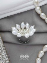 Tejovat - Glimmering White Brilliance - Stone, Beads And Glass Drops Hand Embroidered Ring (Adjustable)