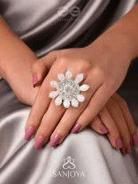 Tejovat - Glimmering White Brilliance - Stone, Beads And Glass Drops Hand Embroidered Ring (Adjustable)