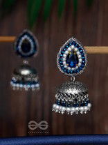Ratryata - The Midnight Sapphire - Stone And Beads Hand Embroidered Oxidised Jhumka Earrings