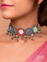 RANGAVYUHA - COLORBURST CASCADE - BEADS, MIRROR AND RESHAM EMBROIDERED AND OXIDISED NECKLACE