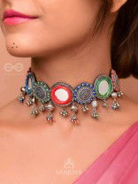 RANGAVYUHA - COLORBURST CASCADE - BEADS, MIRROR AND RESHAM EMBROIDERED AND OXIDISED NECKLACE
