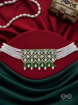 Ardrata- The Emerald Finesse- Beads, Pearl Drops, Polki And Kundan Finished Hand Embroidered Choker Neckpiece