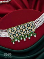 Ardrata- The Emerald Finesse- Beads, Pearl Drops, Polki And Kundan Finished Hand Embroidered Choker Neckpiece