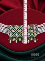 Ardrata- The Emerald Finesse- Beads, Pearl Drops, Polki And Kundan Finished Hand Embroidered Choker Neckpiece