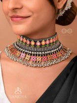 Prasidika - The Radiant Garden - Resham And Beads Hand Embroidered Oxidised Choker Neckpiece