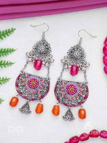 Abhisayam - The Sunset Dyes- Stone, Beads, Dabka And Glass Drops Hand Embroidered Oxidised Earrings