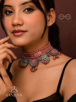 Prasvap - The Dusk Dream - Resham, Beads And Glass Drops Hand Embroidered Oxidised Choker Neckpiece