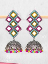 Vasantak - The Vibrant Kites- Mirrors, Resham And Beads Hand Embroidered Oxidised Jhumka Earrings