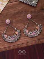 Mystical Peacocks In Coral - Enamelled Oxidised Earrings