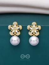PEARL PETAL PARADISE - GOLDEN AND WHITE EMBELLISHED EARRINGS