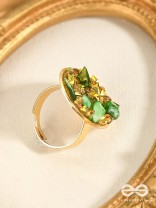Sparkles & Stones  - Golden Embellished Ring (Green) (Adjustable)